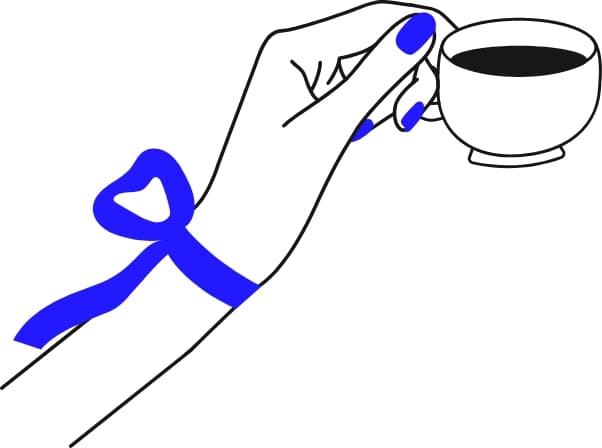 Illustration mit einem Kaffee Häferl und blauer masche