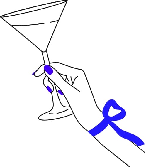 Illustration mit einem Glas in der Hand und blauer masche